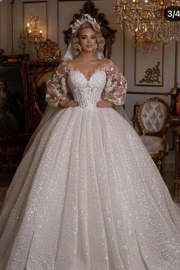 Luxuriöses, langes Ballkleid-Hochzeitskleid mit Puffärmeln und Applikationen