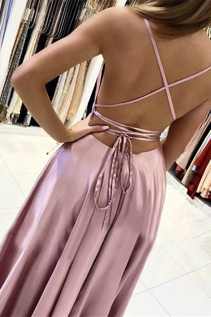 Rosa Ballkleid mit Spaghettiträgern und Schlitz