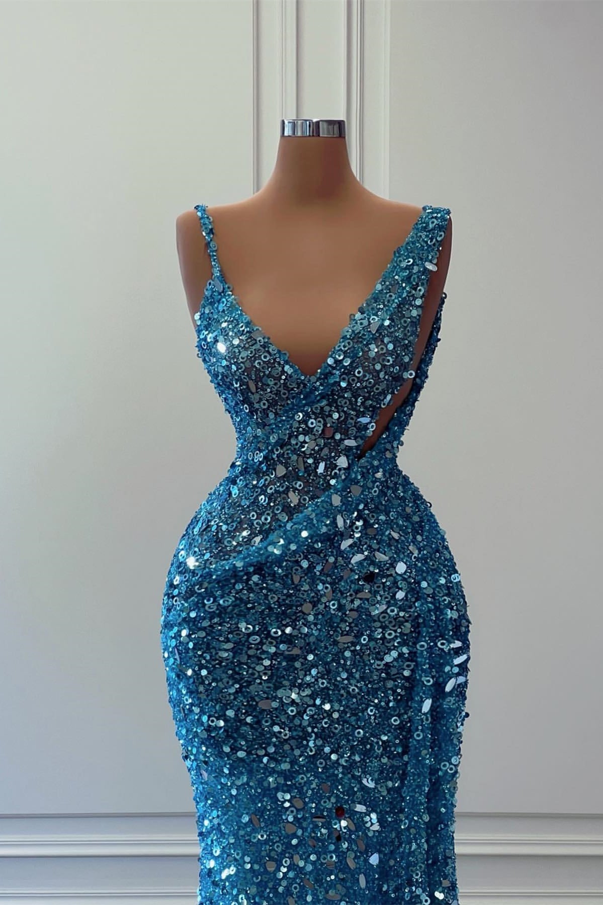 Blaues, ärmelloses, langes Ballkleid im Meerjungfrau-Stil mit Pailletten