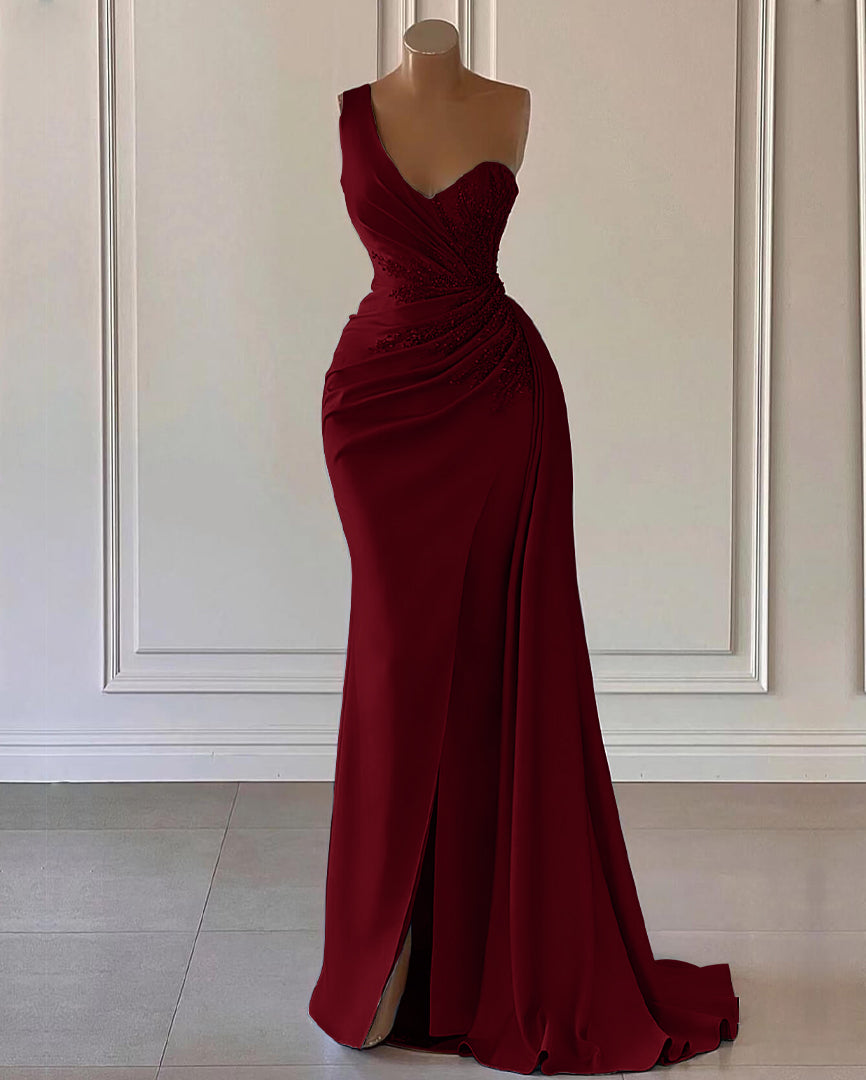 Himmelblaues One-Shoulder-Luxus-Abschlussballkleid im Meerjungfrau-Stil mit Schlitz und Rüschen