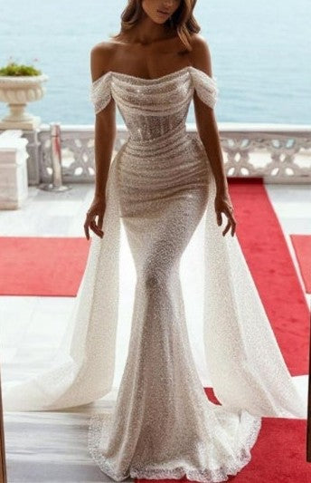 Off-the-Shoulder-Pailletten-Abschlussballkleid im Meerjungfrau-Stil