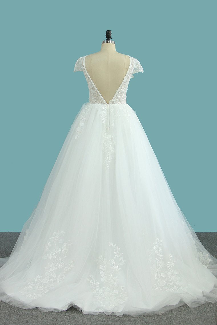 Bateau-Brautkleid in A-Linie, Spitze, rückenfrei, mit Tüllapplikationen