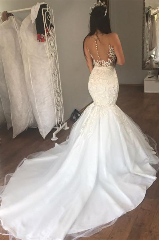 Wunderschönes ärmelloses Meerjungfrau-Brautkleid mit Spitzenapplikationen, lange Brautkleider