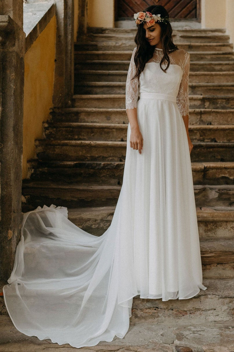 Langes Brautkleid aus Boho-Spitze-Chiffon