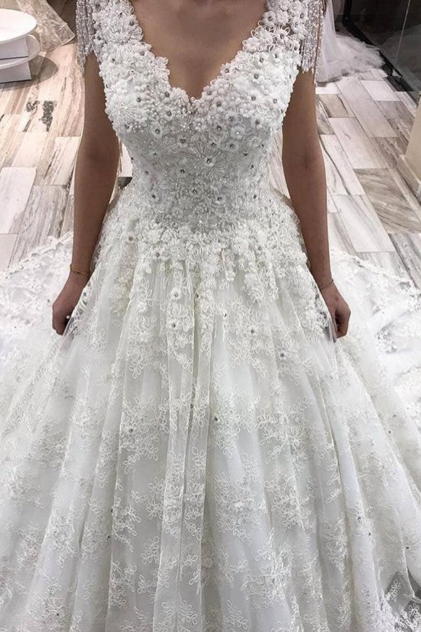 A-Linien-Brautkleid mit V-Ausschnitt, Perlenbesatz und Spitzenapplikationen