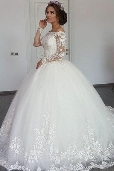 Wunderschönes schulterfreies Ballkleid-Brautkleid mit langen Ärmeln und Spitzenapplikationen
