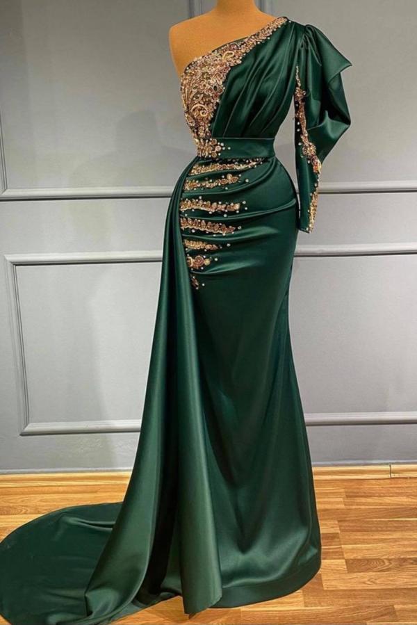 Dunkelgrünes One-Shoulder-Meerjungfrau-Abschlussballkleid