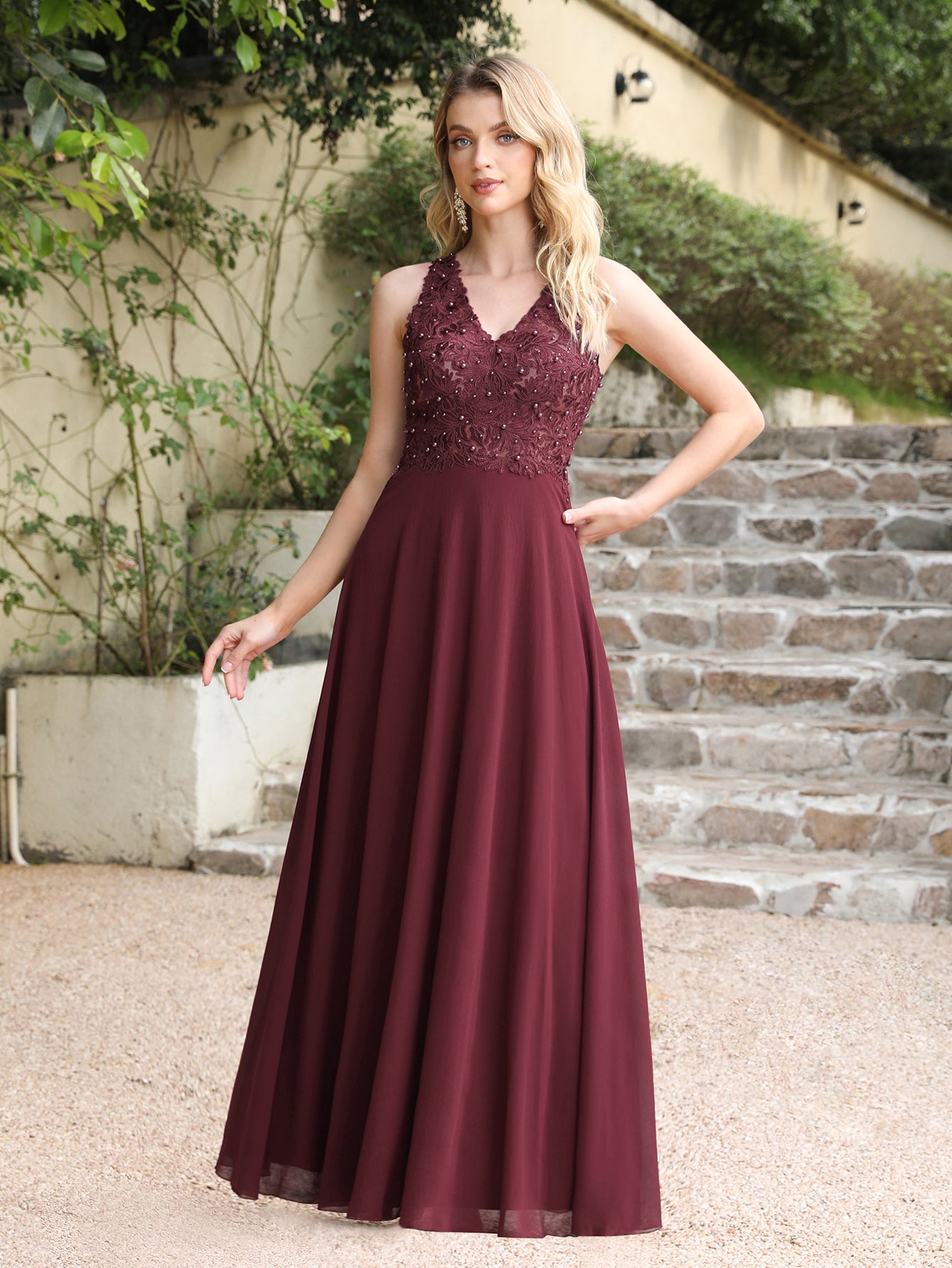Dark green bridesmaid dress with short chiffon sleeves and jewels