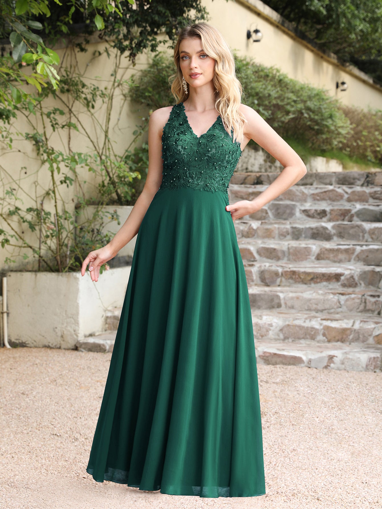 Dark green bridesmaid dress with short chiffon sleeves and jewels
