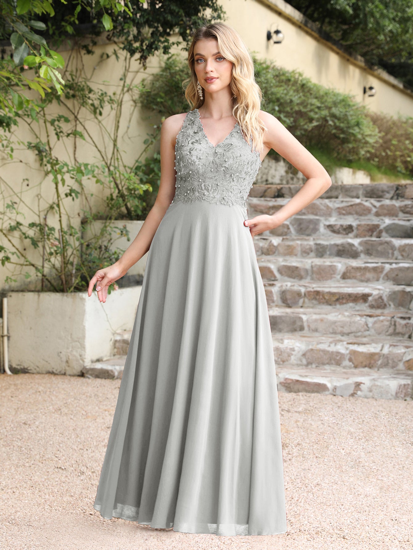 Dark green bridesmaid dress with short chiffon sleeves and jewels