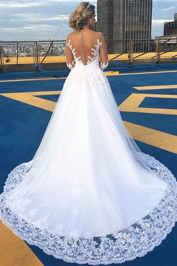 Brautkleid mit V-Ausschnitt und langen Ärmeln in A-Linie mit Spitze
