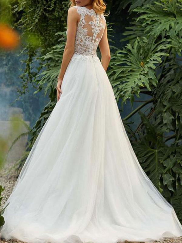 Ärmelloses, langes Hochzeitskleid aus Tüll und Spitze