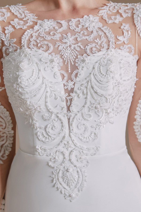 Langes Meerjungfrau-Brautkleid aus Juwel-Satin und Spitze mit Ärmeln