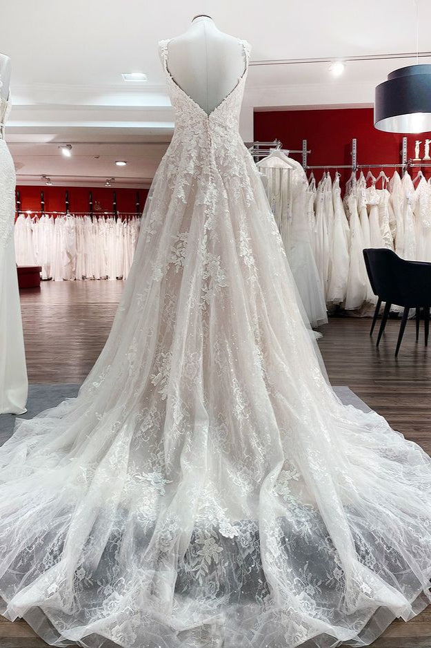 Langes A-Linien-Brautkleid mit V-Ausschnitt, Rüschen und offenem Rücken, Tüll und Spitze