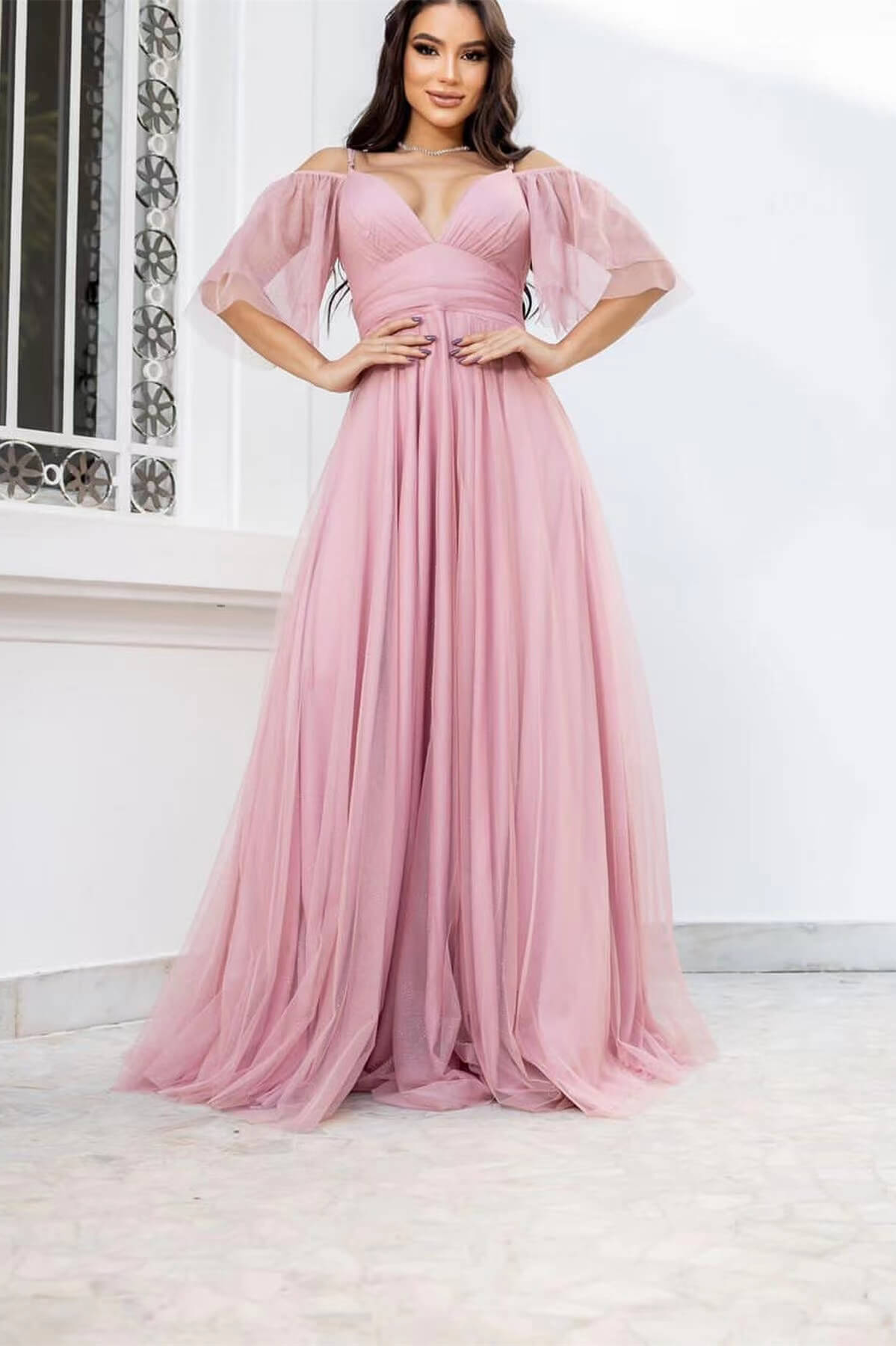 Boho-Tüll-Abschlussballkleid mit Spaghettiträgern in A-Linie