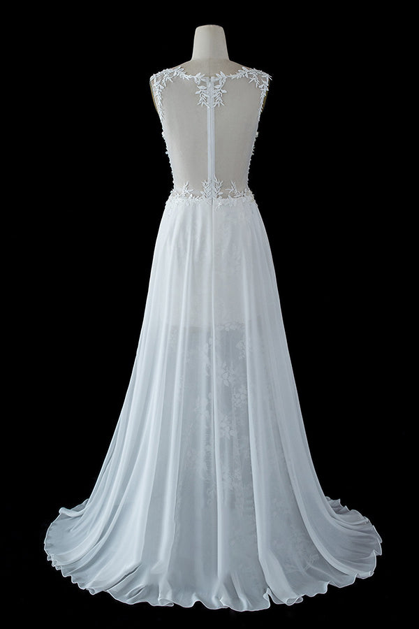 A-Linien-Brautkleid aus transparentem Tüll mit ärmellosen Trägern und Spitzenschlitz