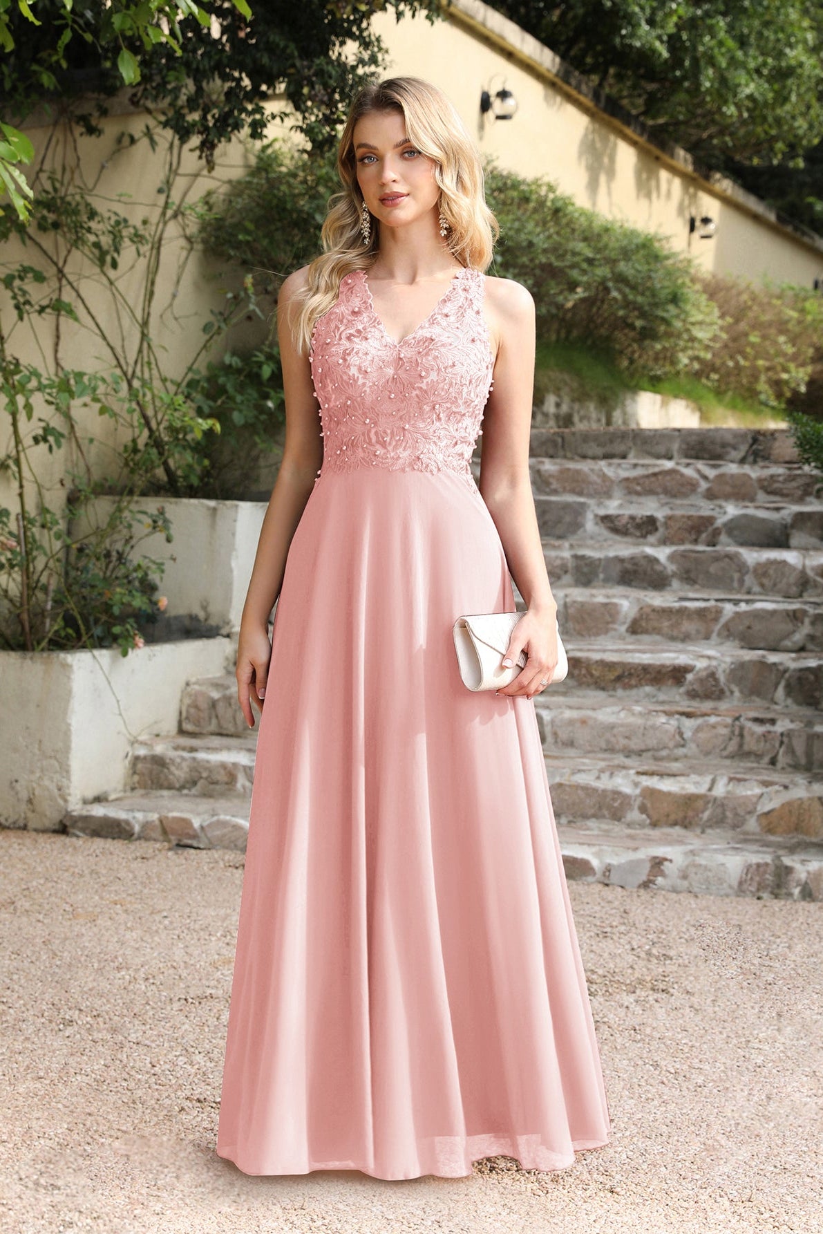 Dark green bridesmaid dress with short chiffon sleeves and jewels