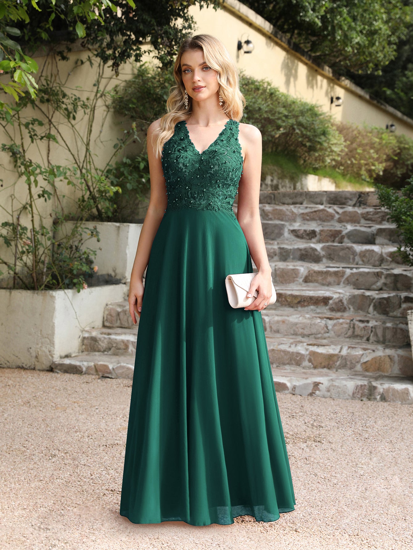 Dark green bridesmaid dress with short chiffon sleeves and jewels