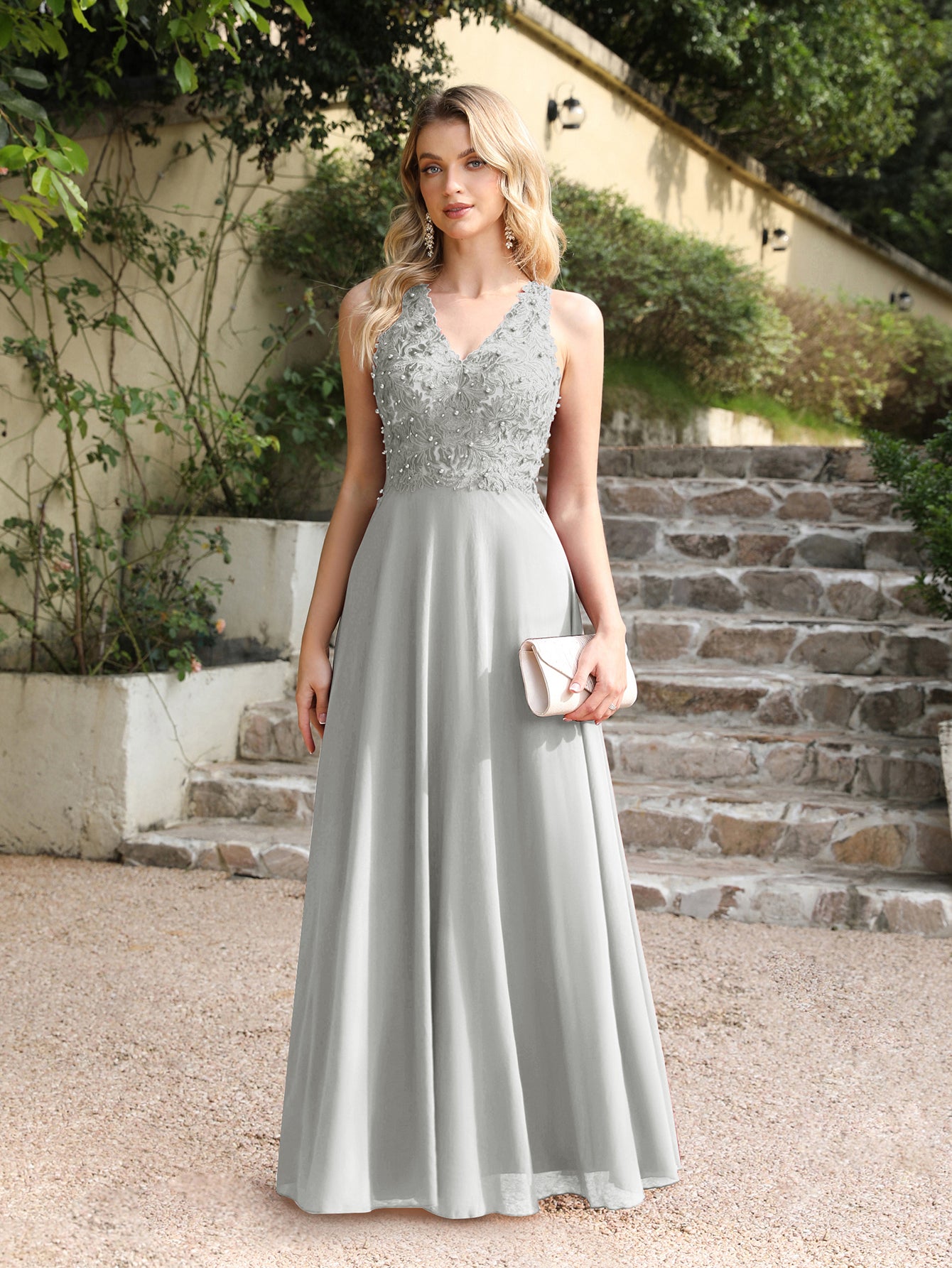 Dark green bridesmaid dress with short chiffon sleeves and jewels