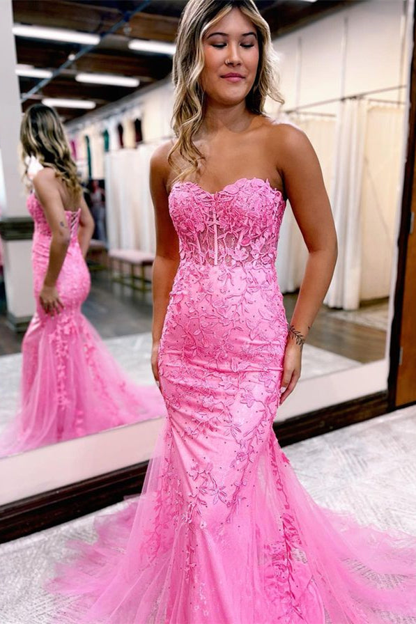 Abendkleid, schulterfrei, Applikationen, A-Linie, Tüll