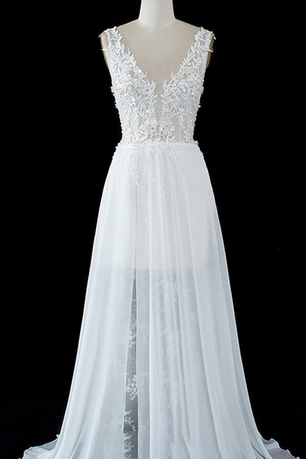 A-Linien-Brautkleid aus transparentem Tüll mit ärmellosen Trägern und Spitzenschlitz