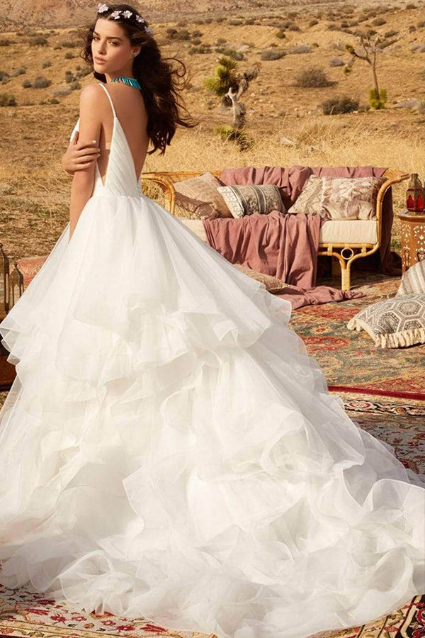 Wunderschönes Brautkleid mit V-Ausschnitt, Spaghettiträgern, rückenfrei, A-Linie mit Rüschen