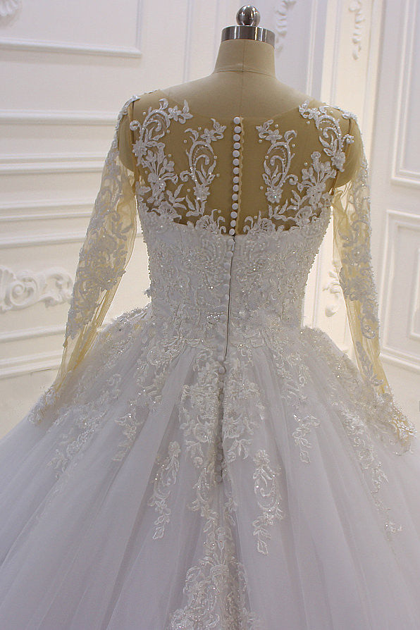 Bateau-Brautkleid in A-Linie mit langärmeliger Spitze, Perlentüll und Applikationen