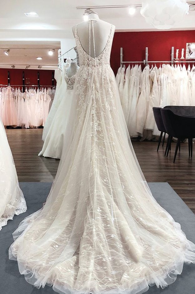 Langes, rückenfreies Brautkleid in A-Linie mit Spitze, Tüll und V-Ausschnitt