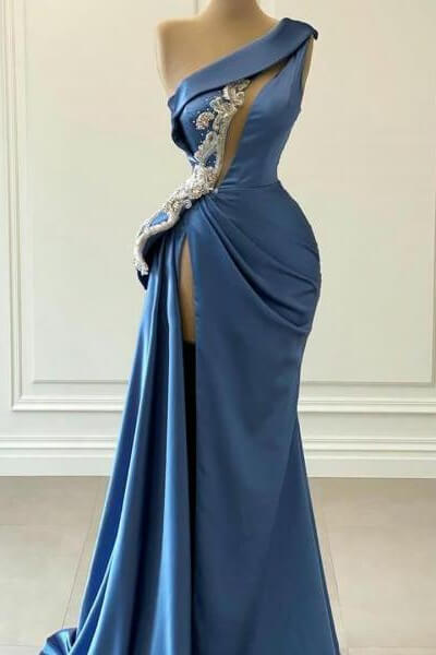 Blaues One-Shoulder-Meerjungfrau-Abschlussballkleid mit Perlen