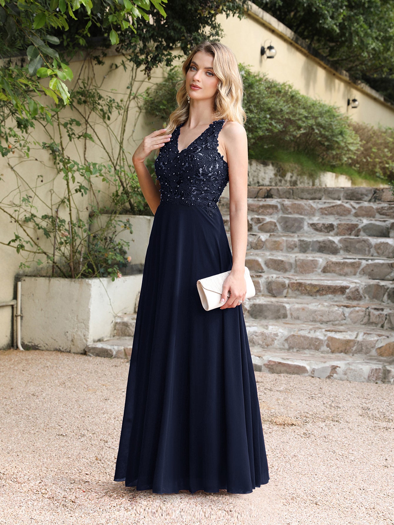 Dark green bridesmaid dress with short chiffon sleeves and jewels