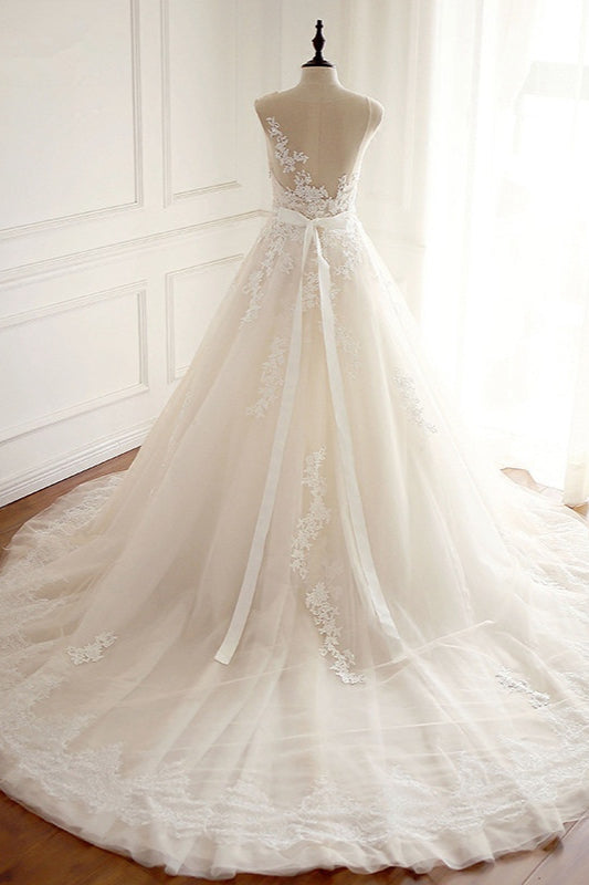 Langes Brautkleid A-Linie Hochzeitskleider mit Spitzenapplikationen