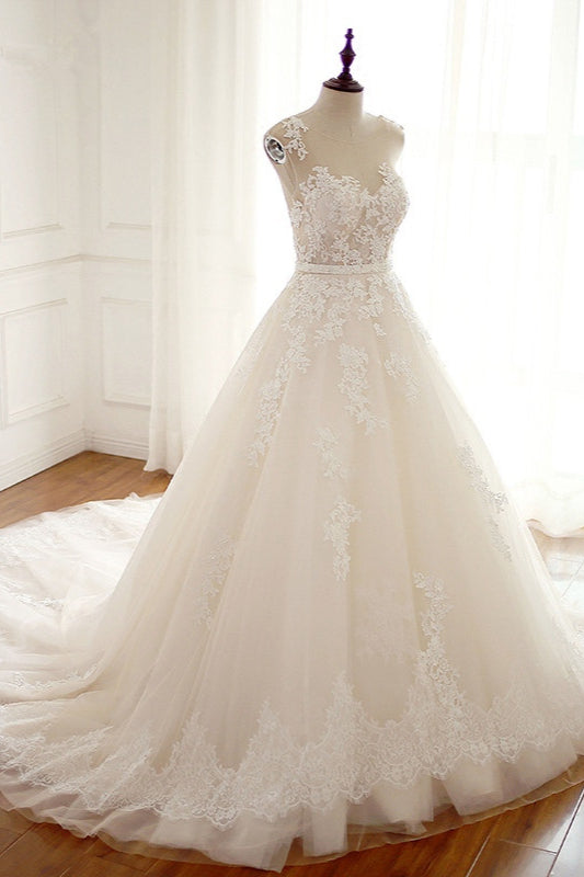 Langes Brautkleid A-Linie Hochzeitskleider mit Spitzenapplikationen