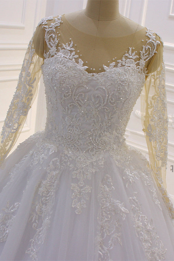Bateau-Brautkleid in A-Linie mit langärmeliger Spitze, Perlentüll und Applikationen