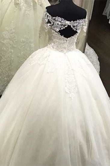 Schulterfreies Ballkleid-Brautkleid mit langen Ärmeln und Spitzenapplikationen