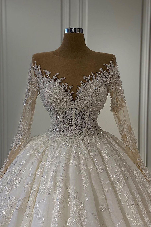 Wunderschönes Ballkleid-Hochzeitskleid mit langen Ärmeln und Spitzenperlen