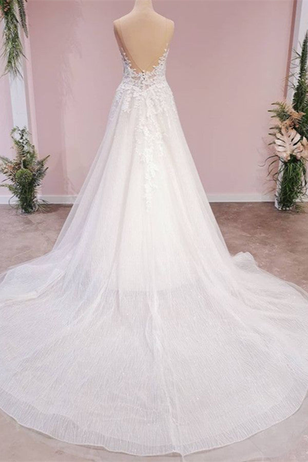 A-Linien-Brautkleid mit Applikationen, Spitze, Tüll, rückenfrei, bodenlang, Schatz