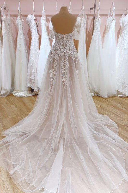 Glamouröses Bateau-Brautkleid im Meerjungfrau-Stil mit appliziertem Spitzentüll