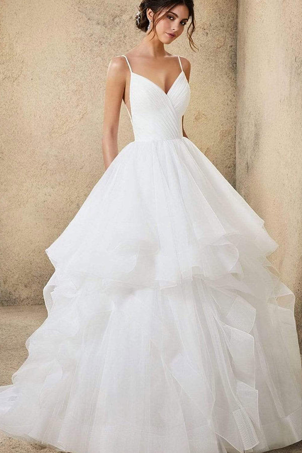 Wunderschönes Brautkleid mit V-Ausschnitt, Spaghettiträgern, rückenfrei, A-Linie mit Rüschen