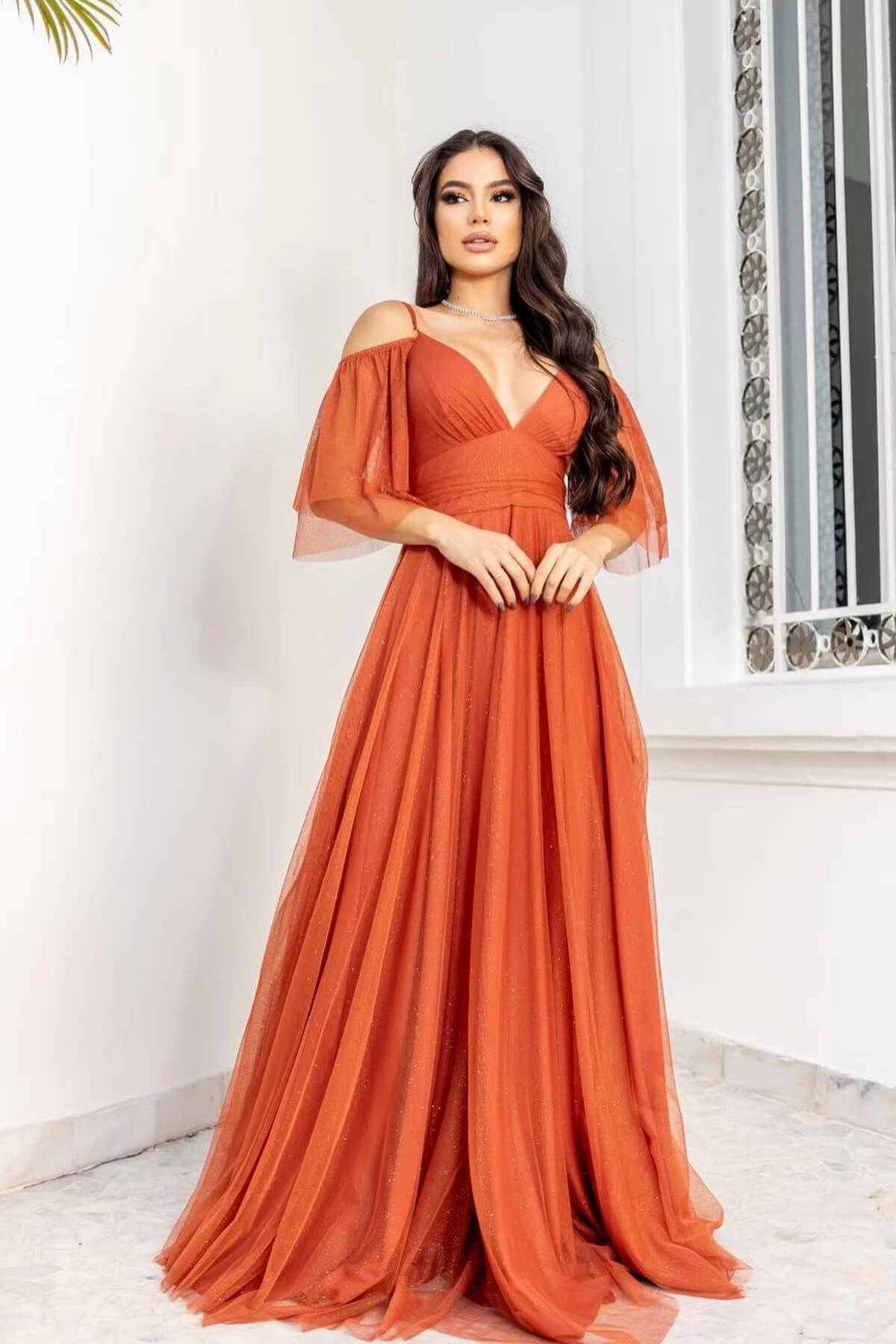 Boho-Tüll-Abschlussballkleid mit Spaghettiträgern in A-Linie