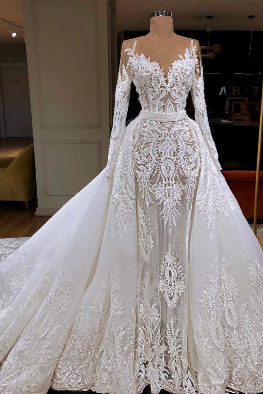 Glamouröses, langärmeliges Meerjungfrau-Brautkleid aus Spitze mit abnehmbarem Rock