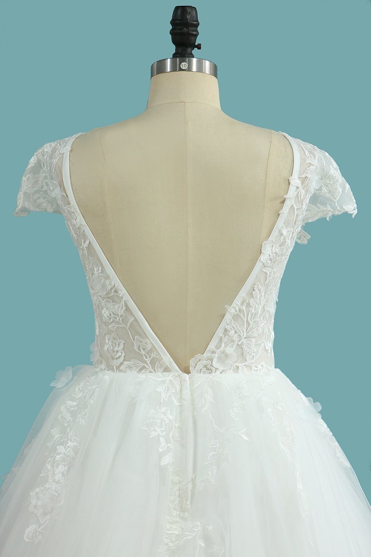 Bateau-Brautkleid in A-Linie, Spitze, rückenfrei, mit Tüllapplikationen