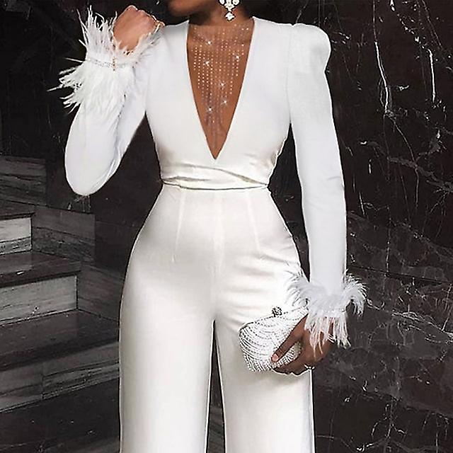 Damen-Overall mit Federn, einfarbig, tiefer V-Ausschnitt, Hochzeit, elegant, Party, Abend, Abschlussball, weites Bein, schmal, langärmelig, Weiß
