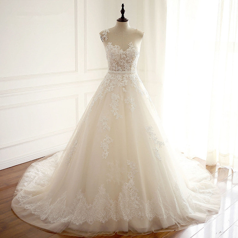 Langes Brautkleid A-Linie Hochzeitskleider mit Spitzenapplikationen