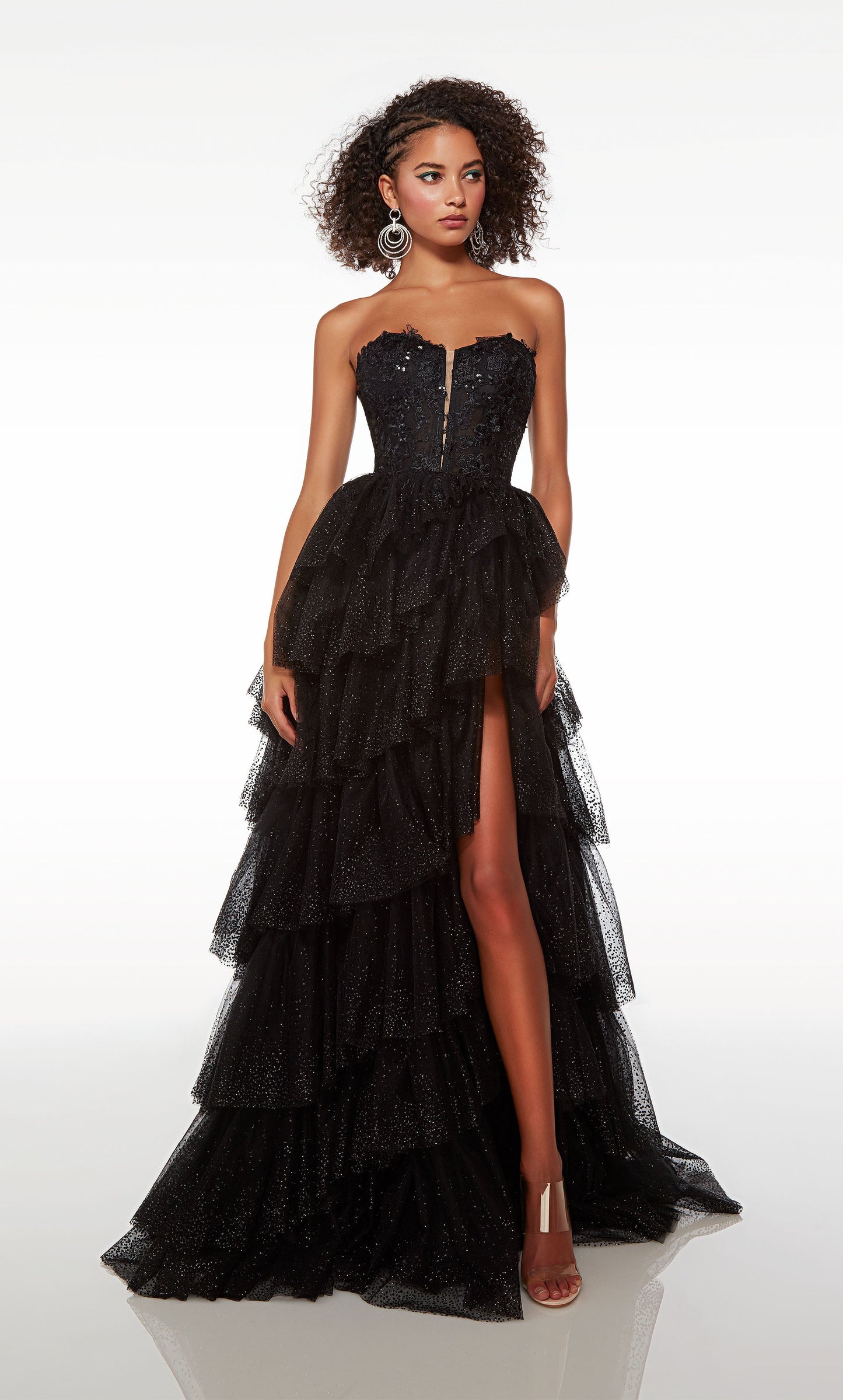 Formelles Ballkleid aus langem Tüll mit geschlitzten Handschuhen, Kleid mit V-Ausschnitt, ärmellos