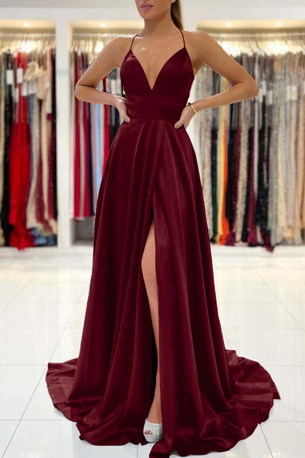 Königsblaues, langes, plissiertes Ballkleid mit V-Ausschnitt und hohem Schlitz