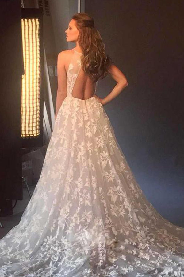 Boho-Brautkleid mit Spaghettiträgern, A-Linie, V-Ausschnitt und Applikationen