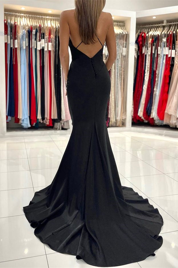 Schwarzes langes Ballkleid im Meerjungfrau-Stil mit Spaghettiträgern und Charmeuse