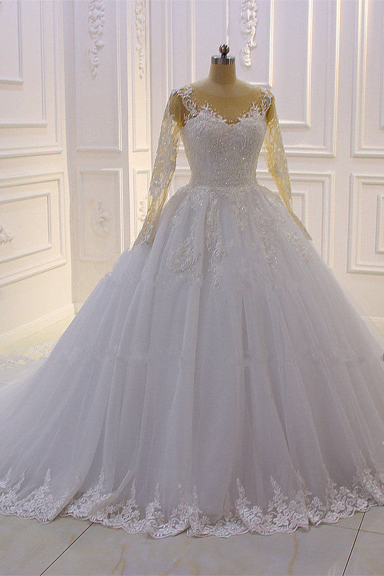 Bateau-Brautkleid in A-Linie mit langärmeliger Spitze, Perlentüll und Applikationen
