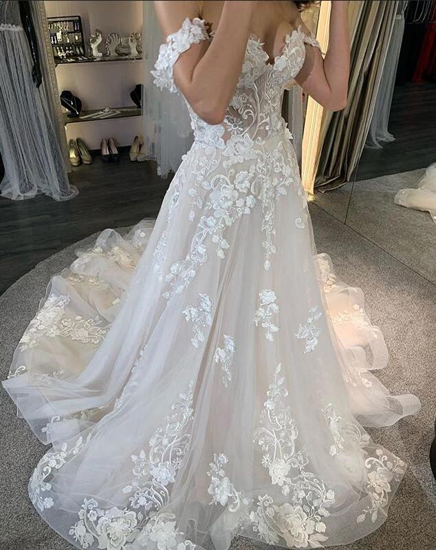 A-Linien-Brautkleid aus Tüll, schulterfrei, mit Spitzenapplikationen