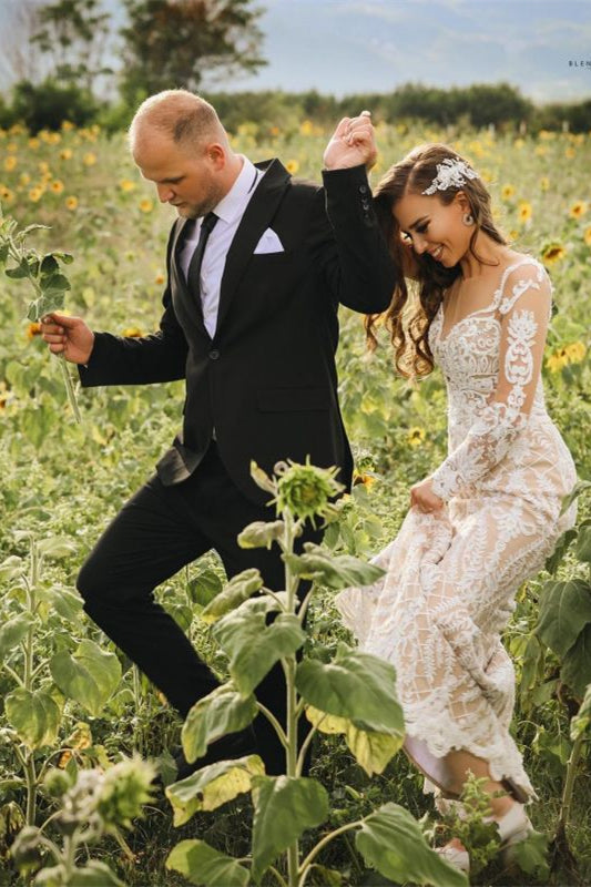 Illusions-Brautkleid mit langen Ärmeln, Meerjungfrau und Spitze online